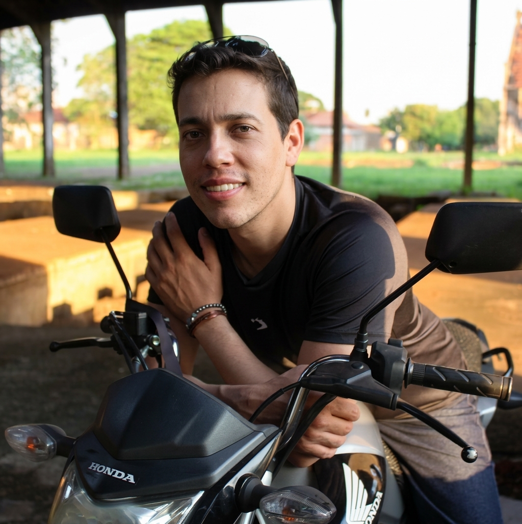 Douglas Rocha, fundador da Douglas Store, sentado em uma moto
